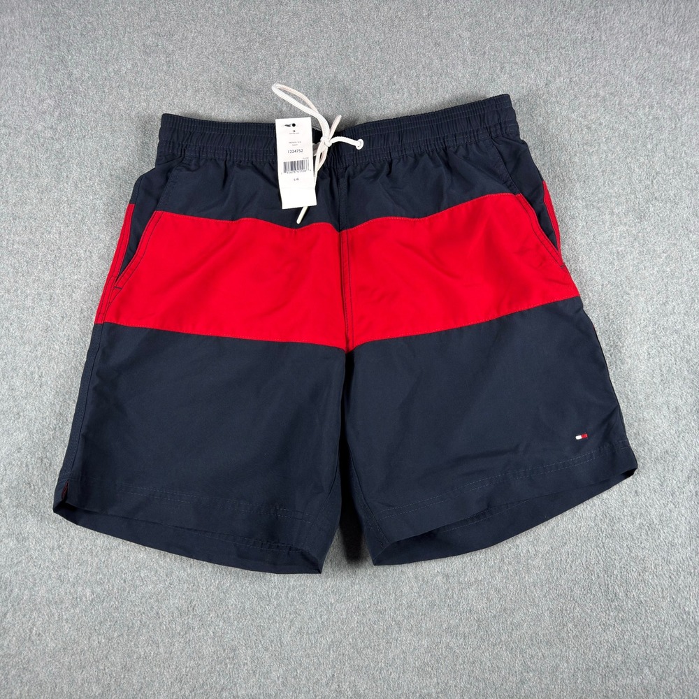 Tommy Hilfiger Men's Swim Trunks L Navy Red Color Block Drawstring NWT